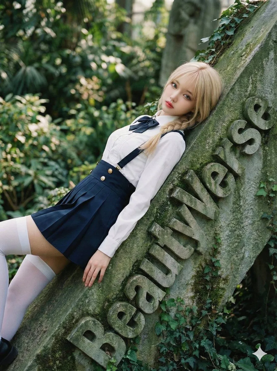 High-Fashion Garden Editorial with Tilted Stele Effect - Nano Banana Pro AI Prompt for Product Marketing reference