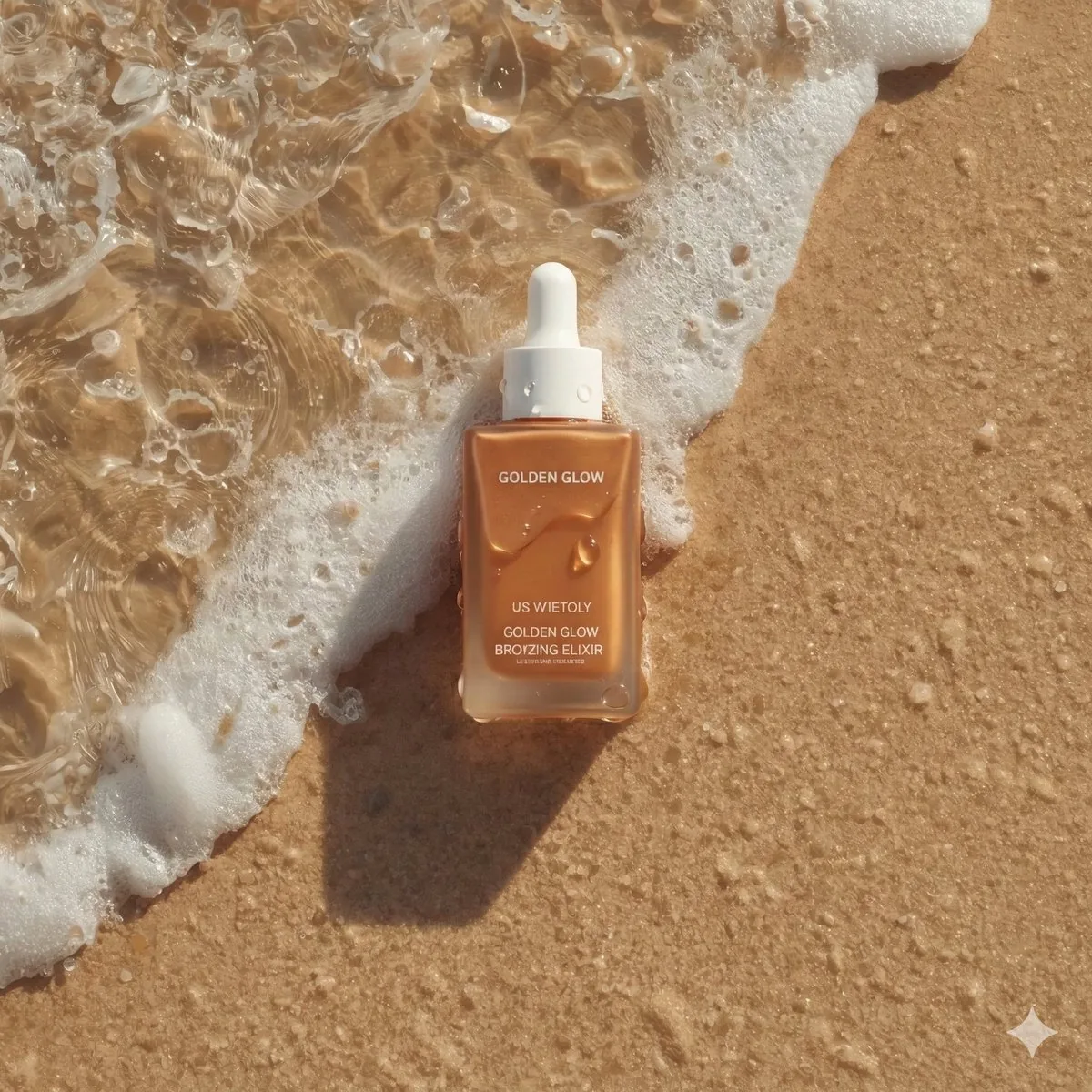 Ultra-Realistic Skincare Product Photography on Wet Beach Sand reference
