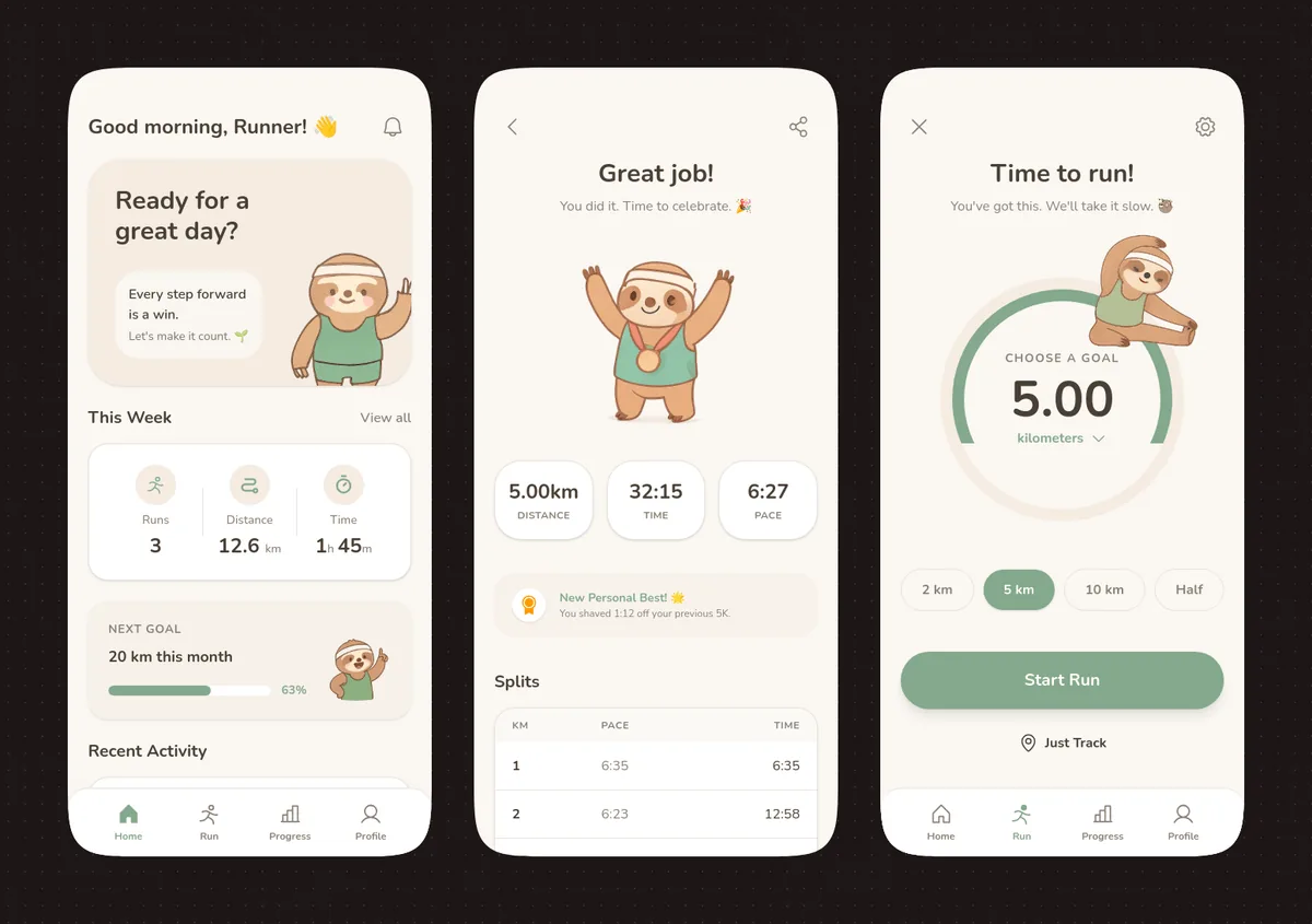 Pastel Running App UI with Sloth Mascot reference