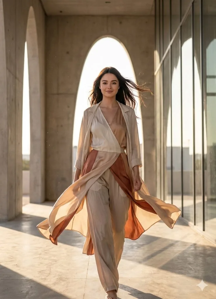 Cinematic Fashion Portrait with Flowing Fabric reference