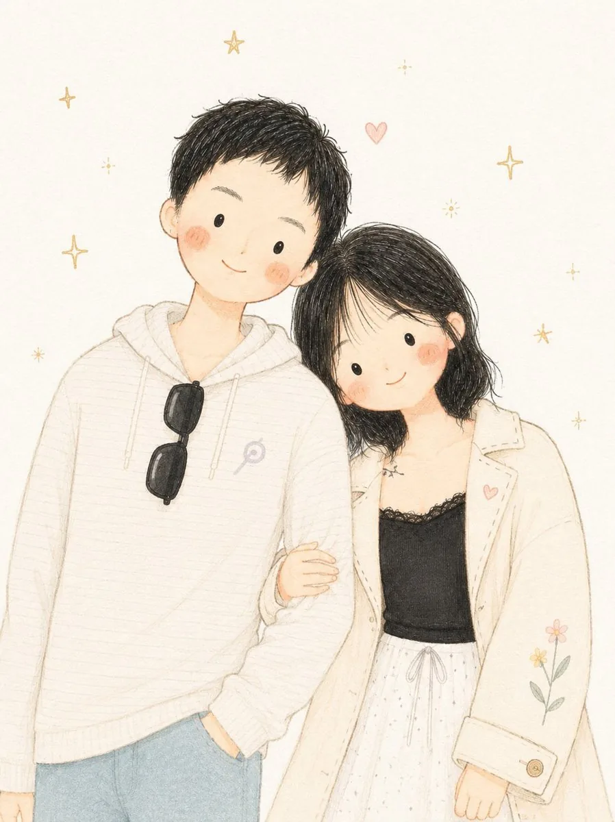 Minimalist Anime Couple Watercolor Illustration reference