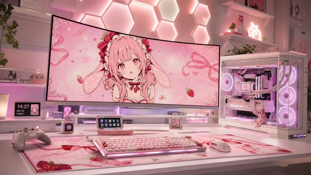 Pastel Pink Anime Gaming Desk Setup reference