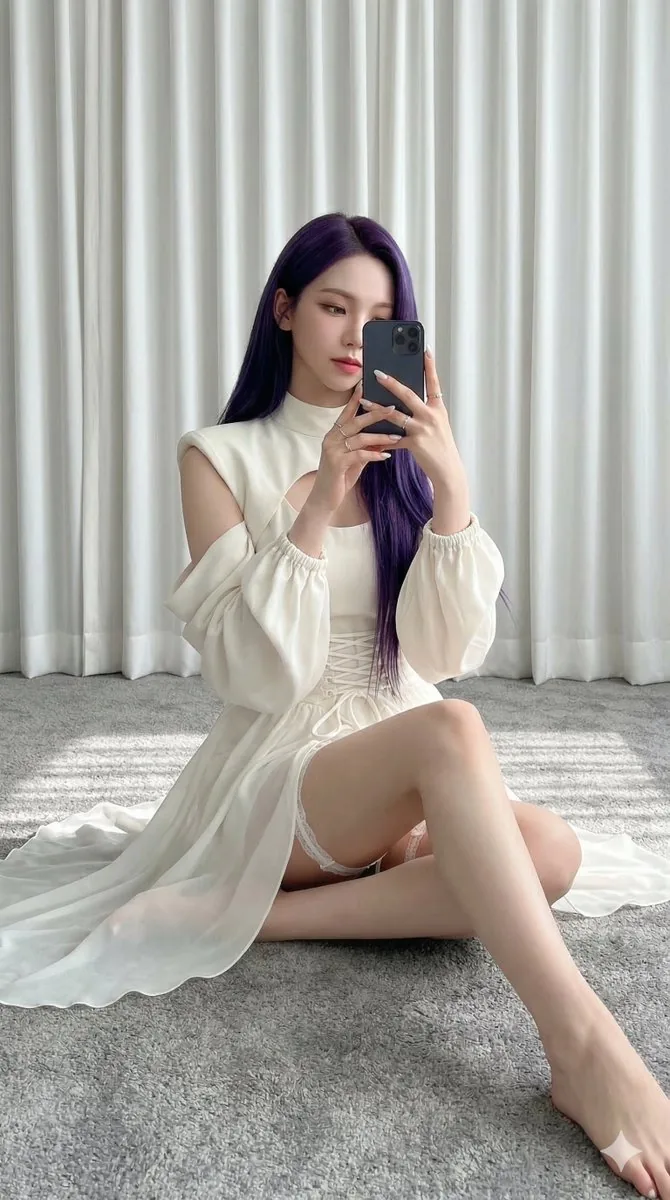 Karina (aespa) in Ivory and Purple Hair - Nano Banana Pro AI Prompt for Product Marketing reference