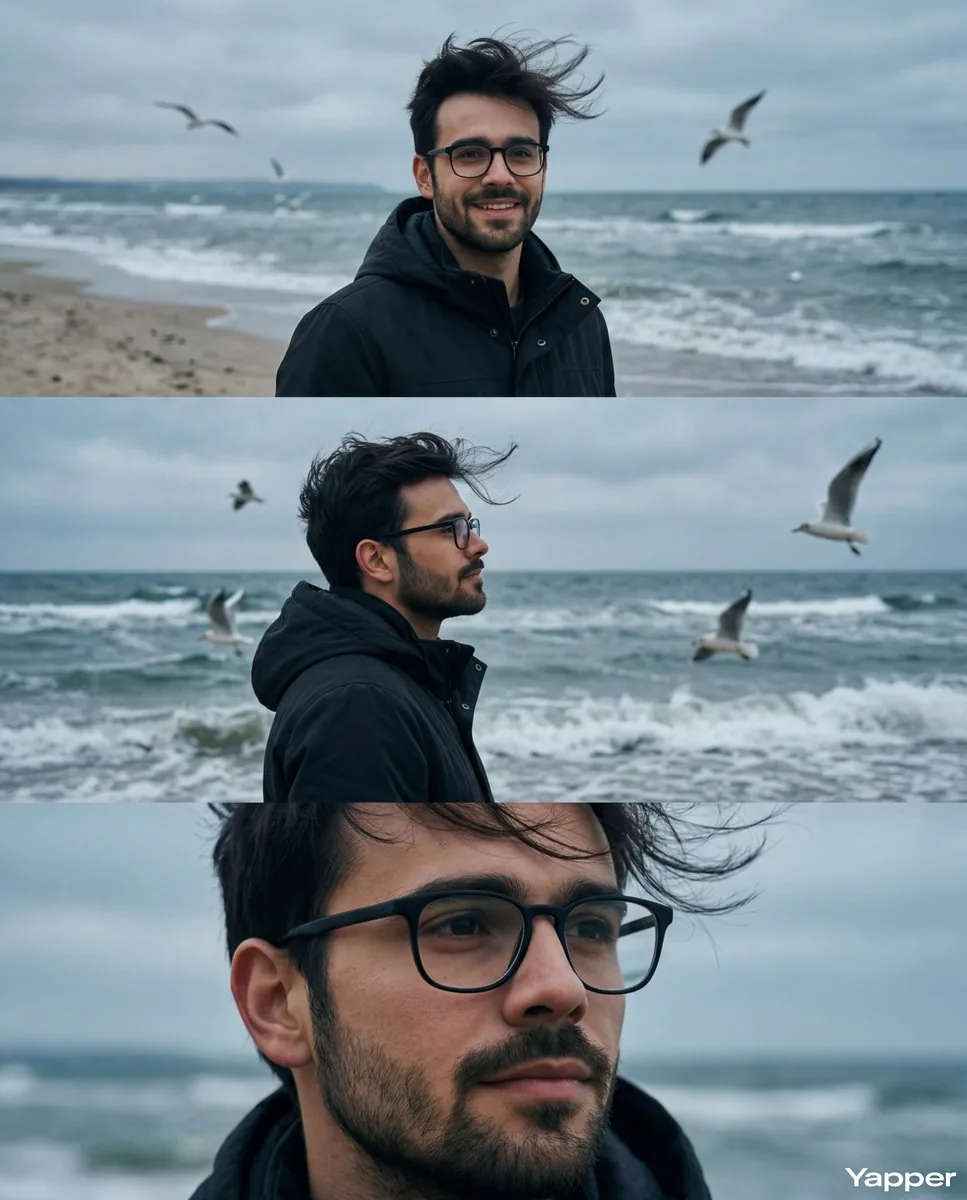 Cinematic Seaside Triptych Portrait Prompt - Nano Banana Pro AI Prompt for Social Media Post reference