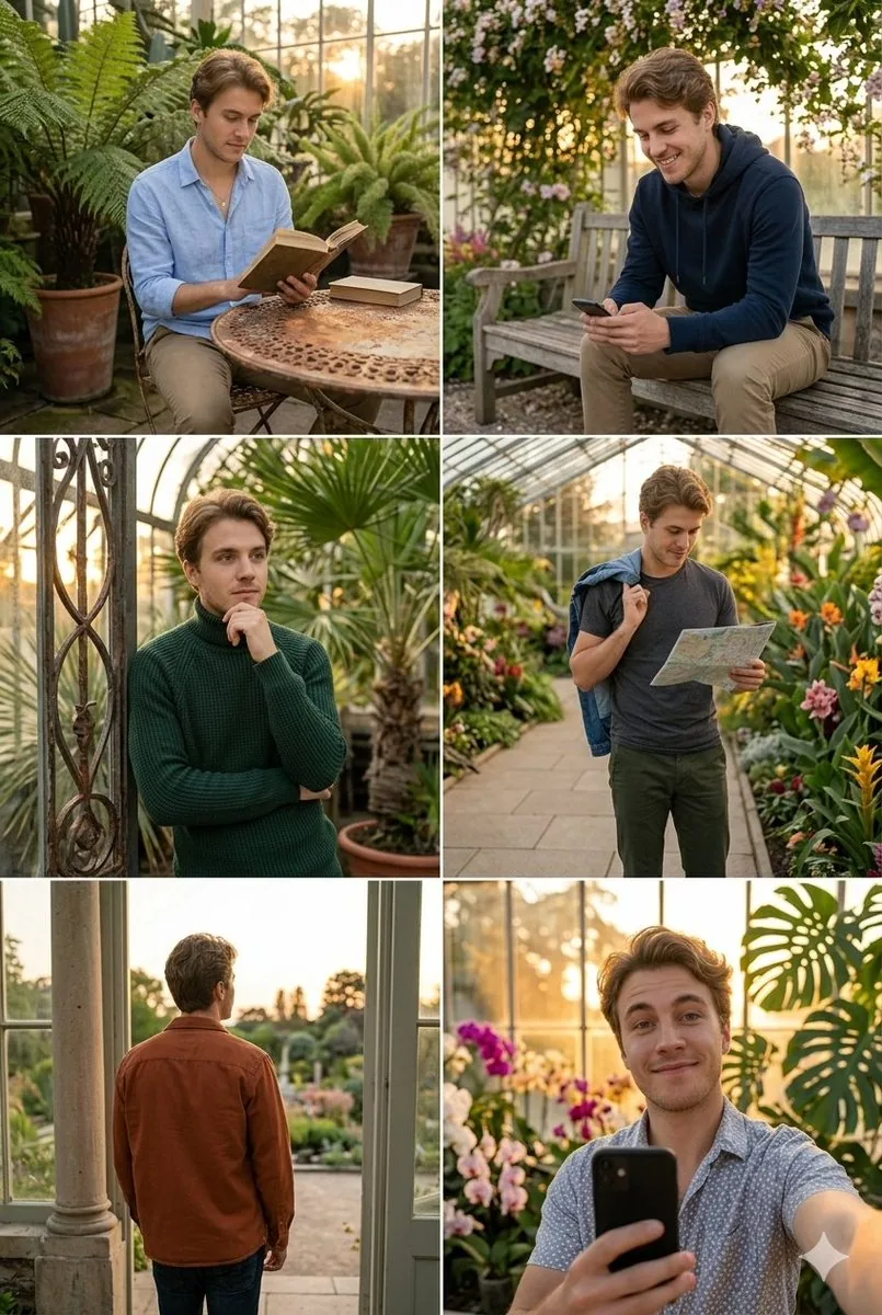 Sunlit Greenhouse Exploration Collage - Nano Banana Pro AI Prompt for Social Media Post reference
