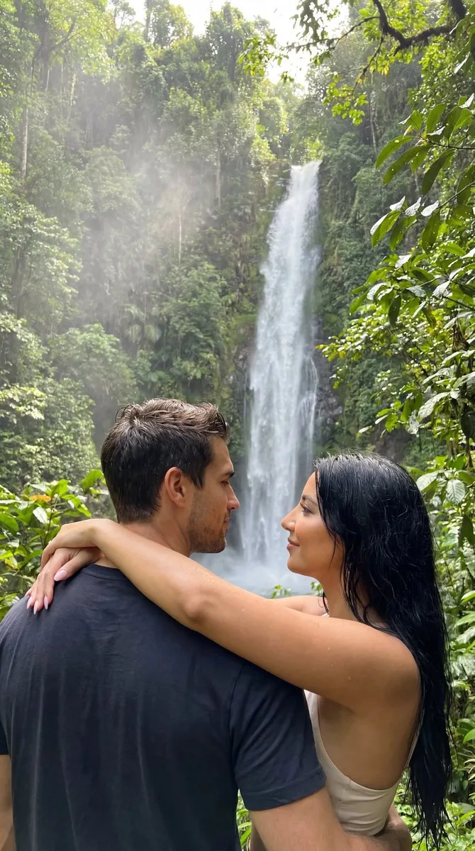 Photoreal Tropical Waterfall Embrace - Nano Banana Pro AI Prompt for Social Media Post reference
