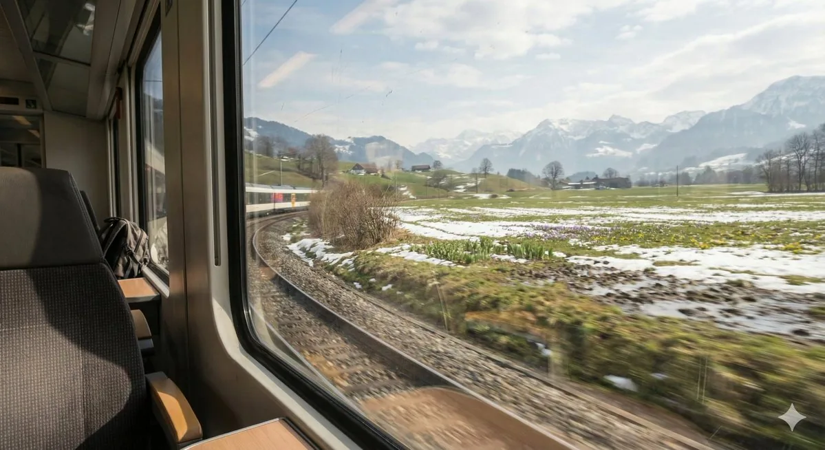 Cinematic Train Window View in European Spring - Nano Banana Pro AI Prompt for Social Media Post reference