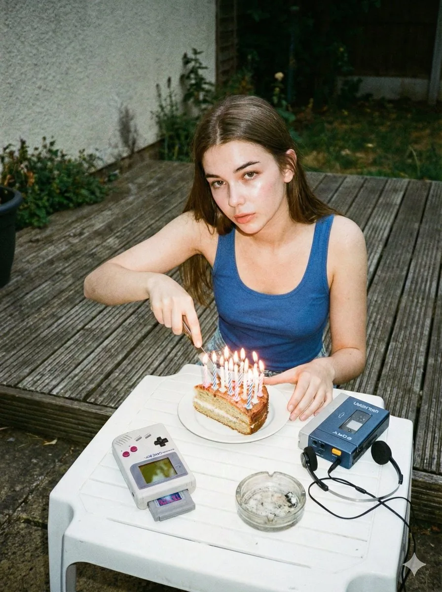 1980s Disposable Camera Birthday Portrait with Identity Lock - Nano Banana Pro AI Prompt for Social Media Post reference