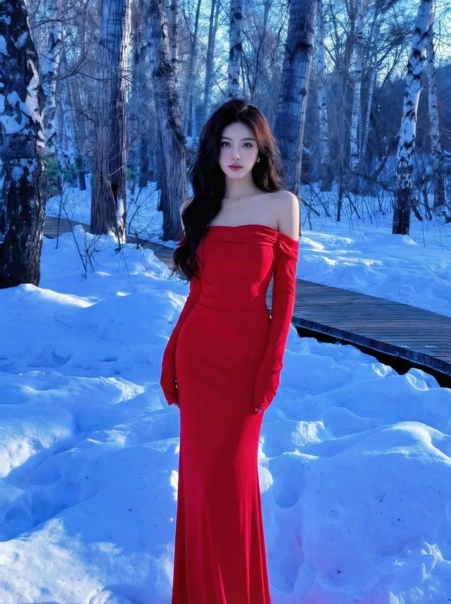 Dramatic Red Dress in Snowy Birch Forest reference