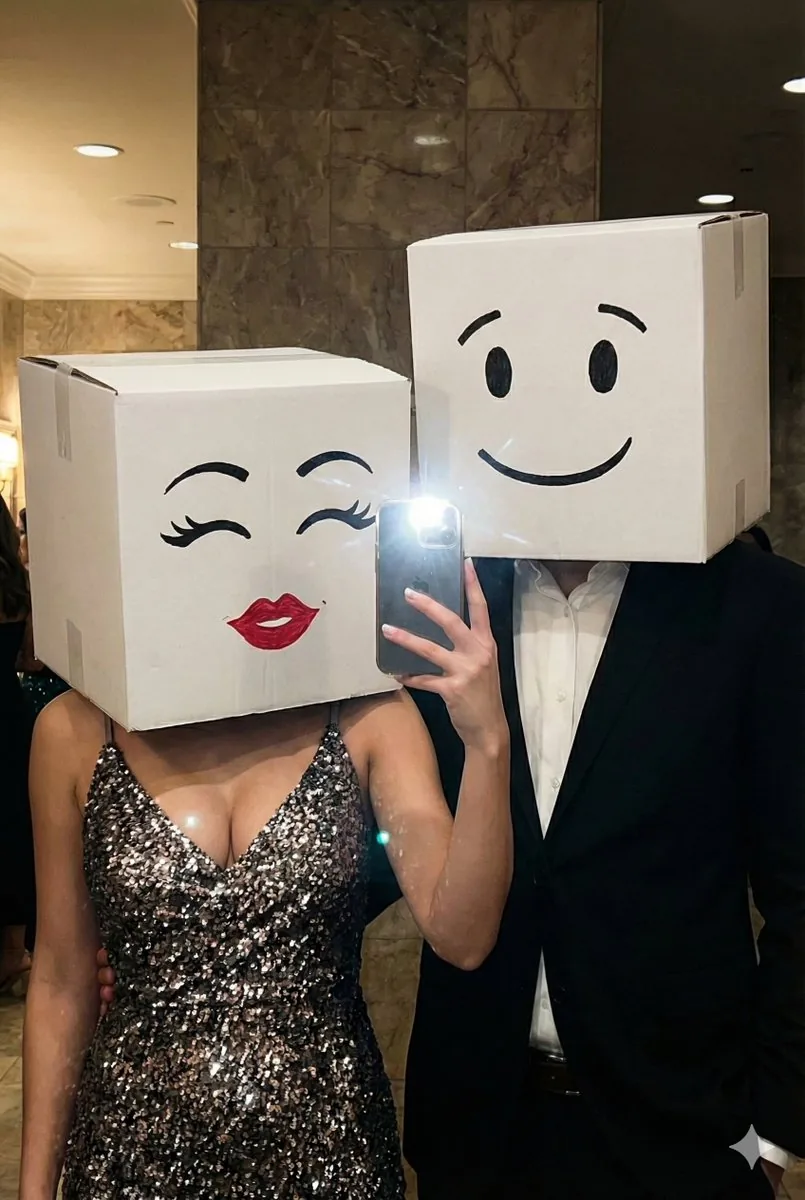 Box-Headed Couple Mirror Selfie Prompt - Nano Banana Pro AI Prompt for Social Media Post reference