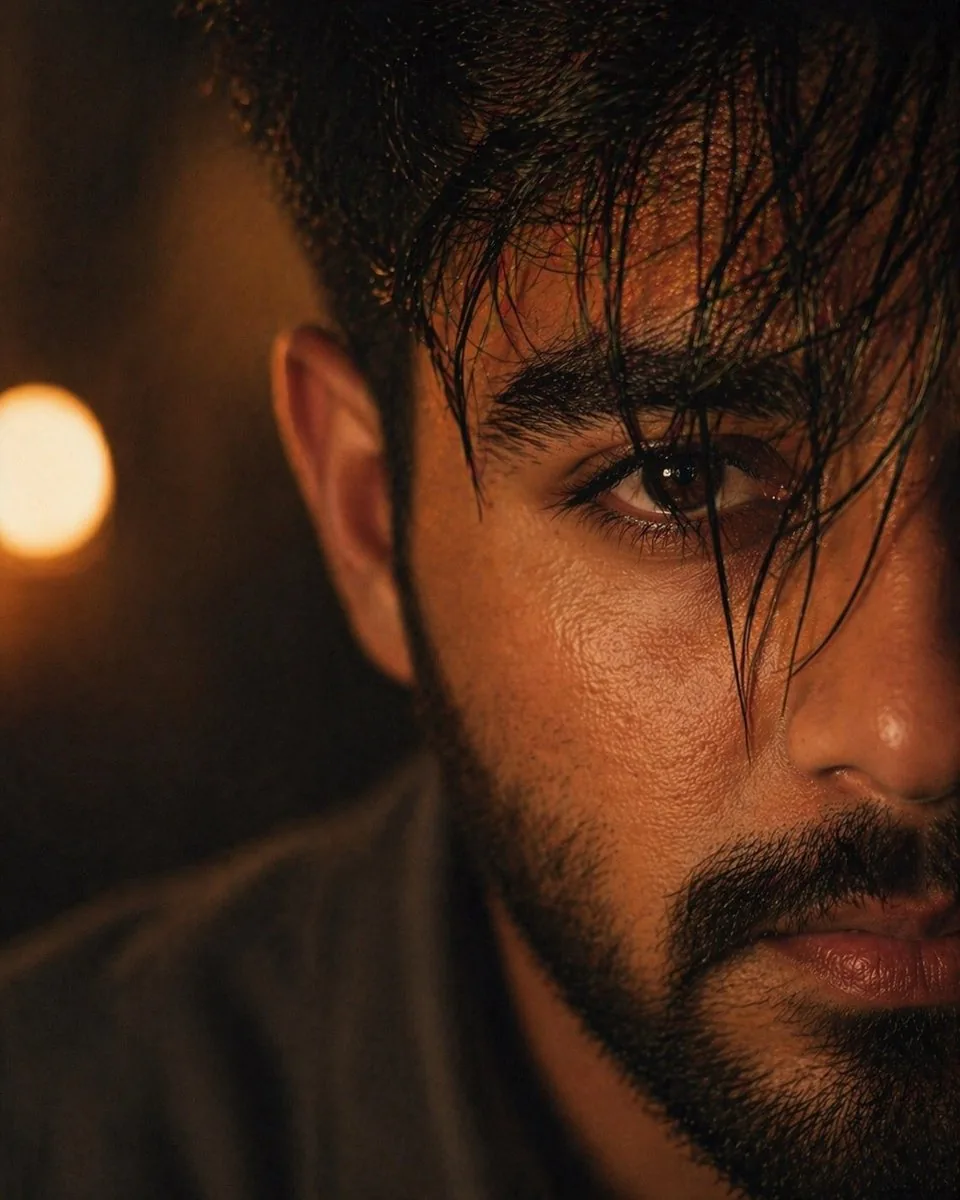 Moody Cinematic Close-up Male Portrait - Nano Banana Pro AI Prompt for Social Media Post reference