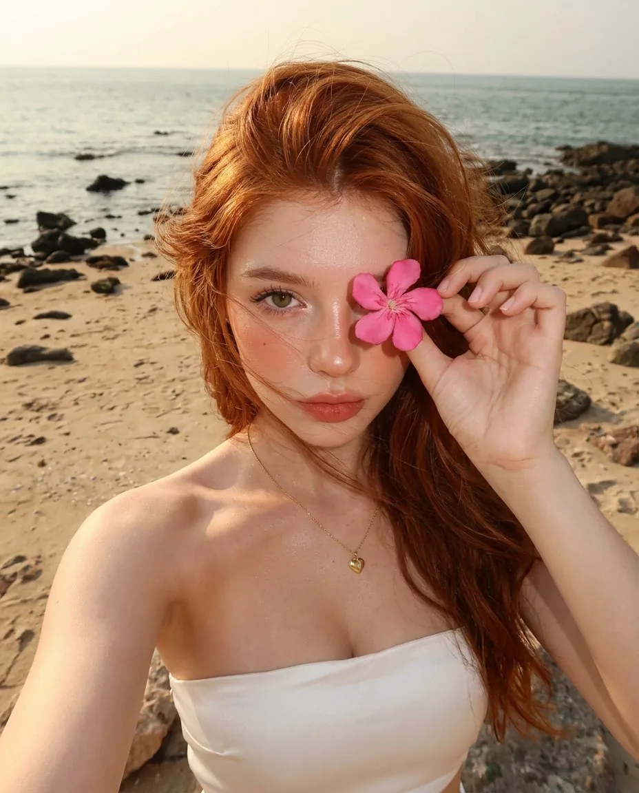 Golden Hour Beach Selfie with Pink Flower reference