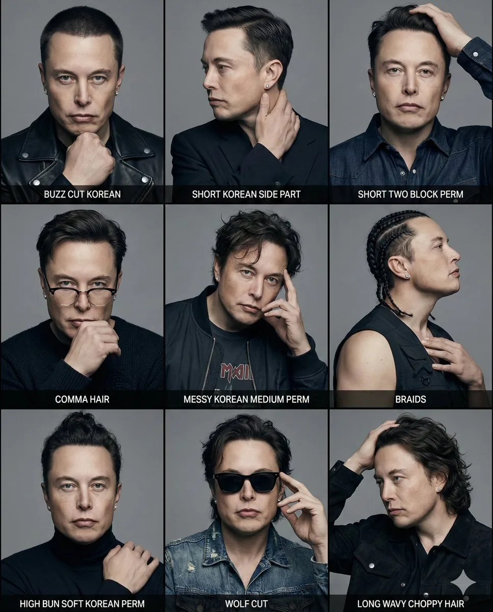 Elon Musk K-Pop Bad Boy Hairstyle Reference Poster - Nano Banana Pro AI Prompt for Poster / Flyer reference