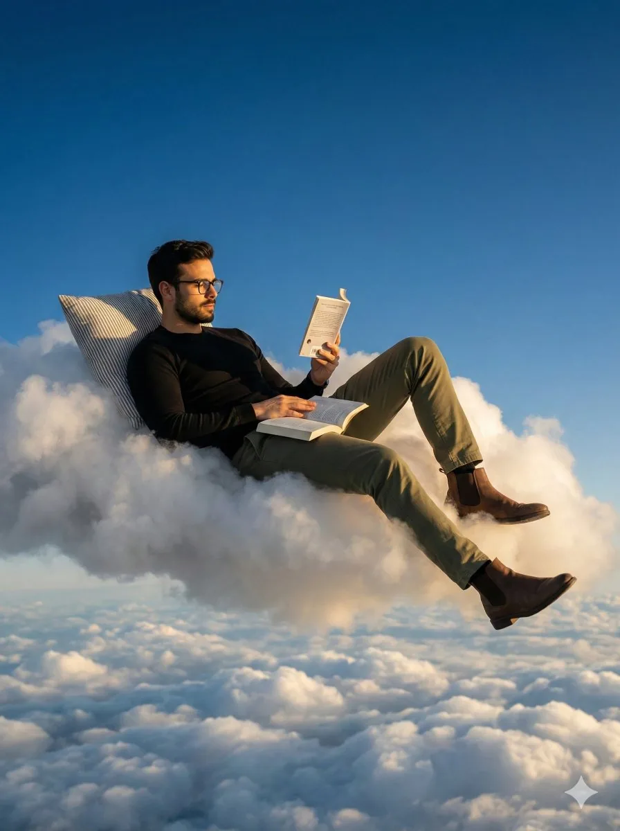 Photorealistic Surreal Scene of a Man Reclining on a Floating Cloud reference