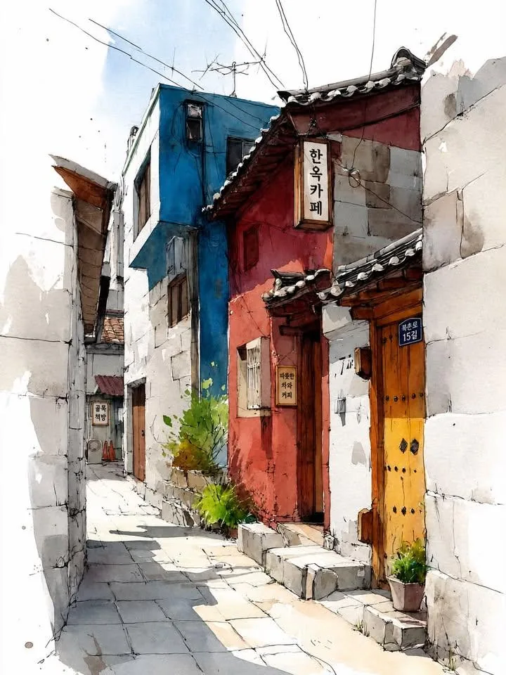 Watercolor Korean Hanok Village Sketch reference