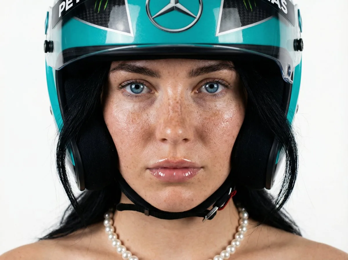 F1 Heiress Editorial Portrait with Racing Helmet and Pearls - Nano Banana Pro AI Prompt for Product Marketing reference