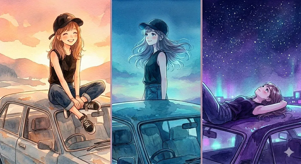 Three-Panel Anime Watercolor Split Composition Prompt for Nano Banana Pro - Nano Banana Pro AI Prompt for Social Media Post reference