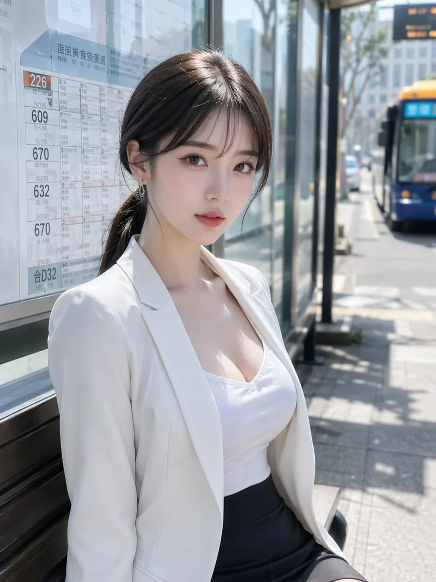 Realistic Woman at Japanese Bus Stop reference