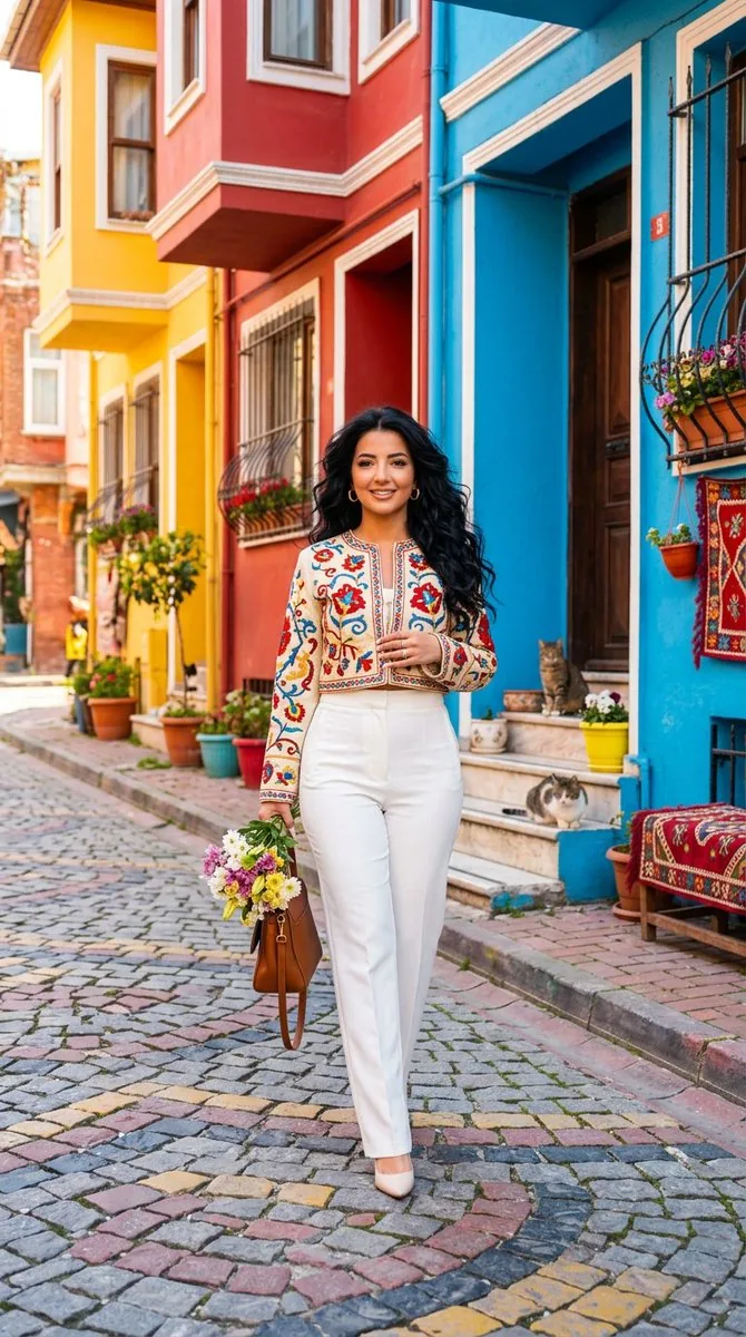 Balat Historic Street Spring Portrait - Nano Banana Pro AI Prompt for Social Media Post reference