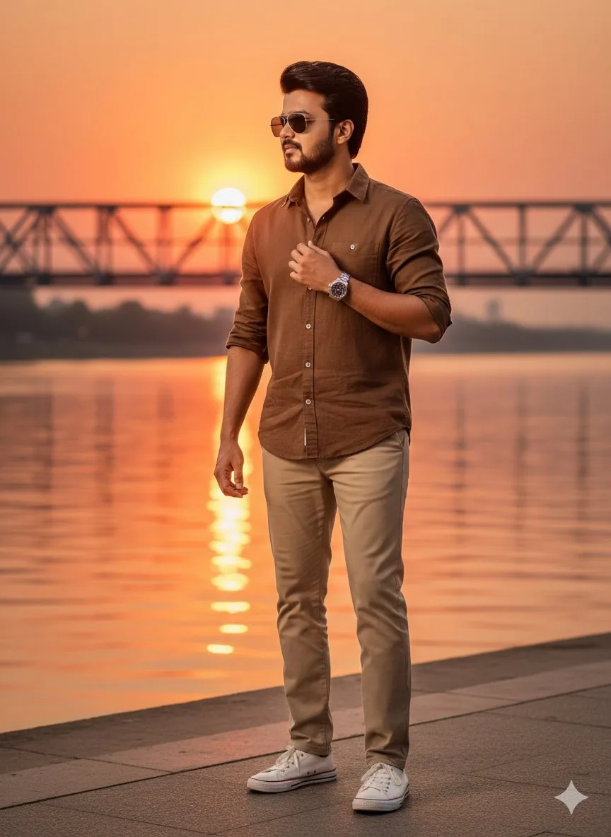 Golden Hour Riverside Portrait with Identity Lock reference