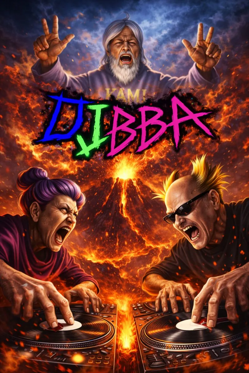 Intense Elderly DJ Volcano Poster reference