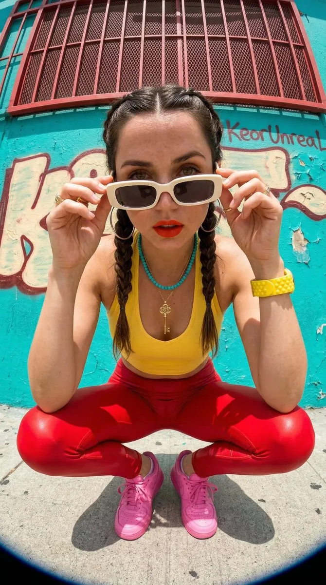 Photorealistic streetwear portrait of Emma Myers with fisheye distortion - Nano Banana Pro AI Prompt for Social Media Post reference
