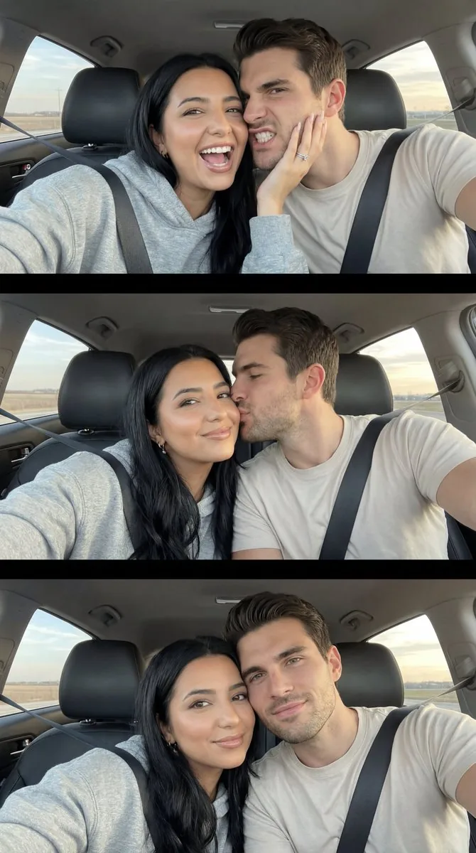 Photoreal Playful Couple Car Selfie Triptych - Nano Banana Pro AI Prompt for Social Media Post reference