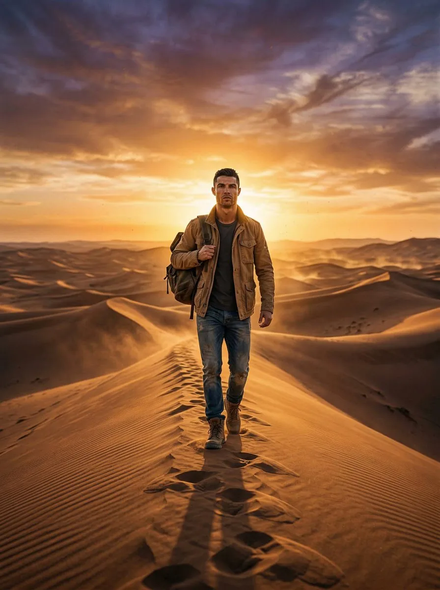 Lone Traveler in Saharan Dunes Prompt reference