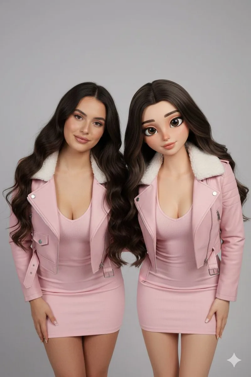 Realistic Human vs. 3D Character Side-by-Side Prompt reference