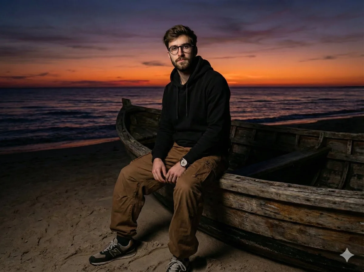 Moody Cinematic Portrait on Stranded Boat at Sunset reference