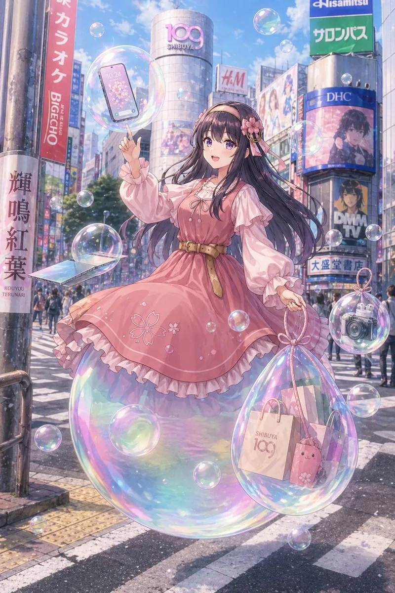 Pastel Anime Girl at Shibuya Crossing reference