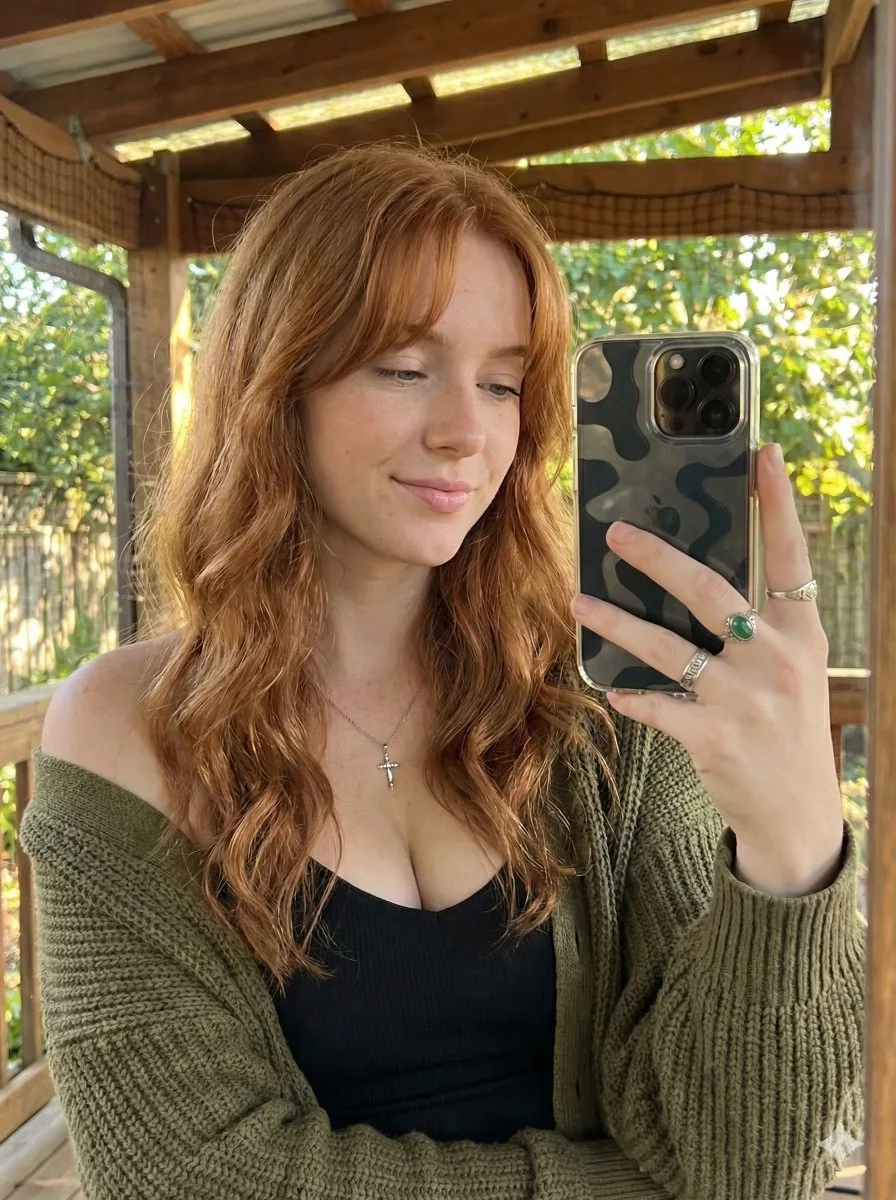Photorealistic Mirror Selfie with Copper Hair - Nano Banana Pro AI Prompt for Social Media Post reference