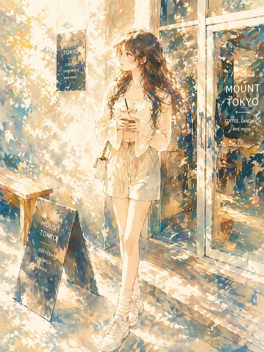 Sunlit Anime Girl Outside Cafe reference