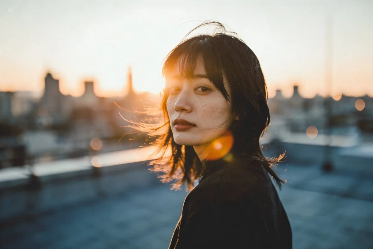 Golden hour rooftop portrait photography prompt reference
