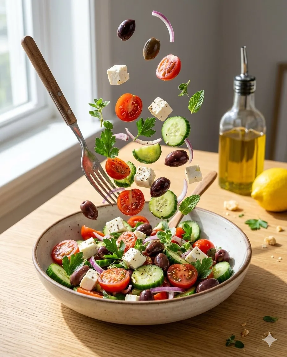 Mediterranean Salad Food Photography - Nano Banana Pro AI Prompt for Product Marketing reference
