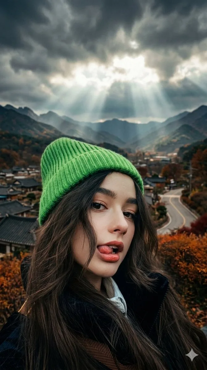 Cinematic Close-up of Woman with Neon Beanie reference