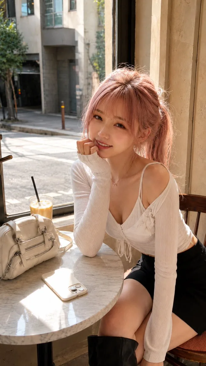 Sunlit Cafe Portrait with High Pony reference