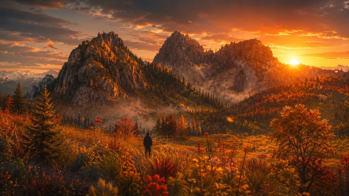 Cinematic Alpine Sunset Hiker reference