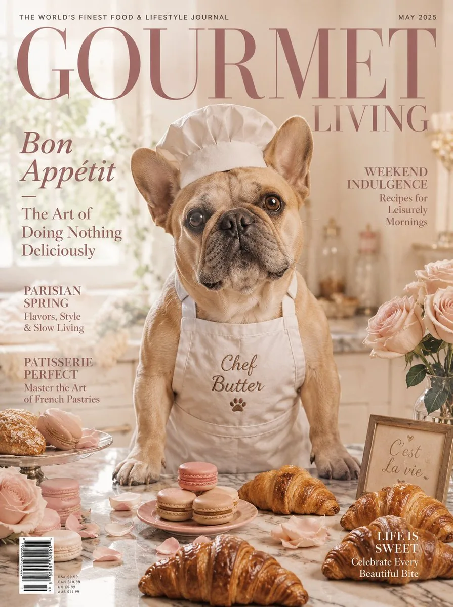 French Bulldog Pastry Chef Magazine Cover reference