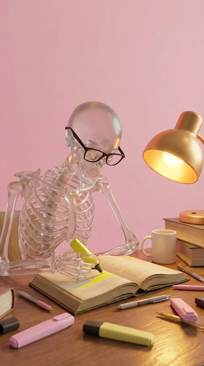 Stylized 3D Glass Skeleton Render Prompt reference