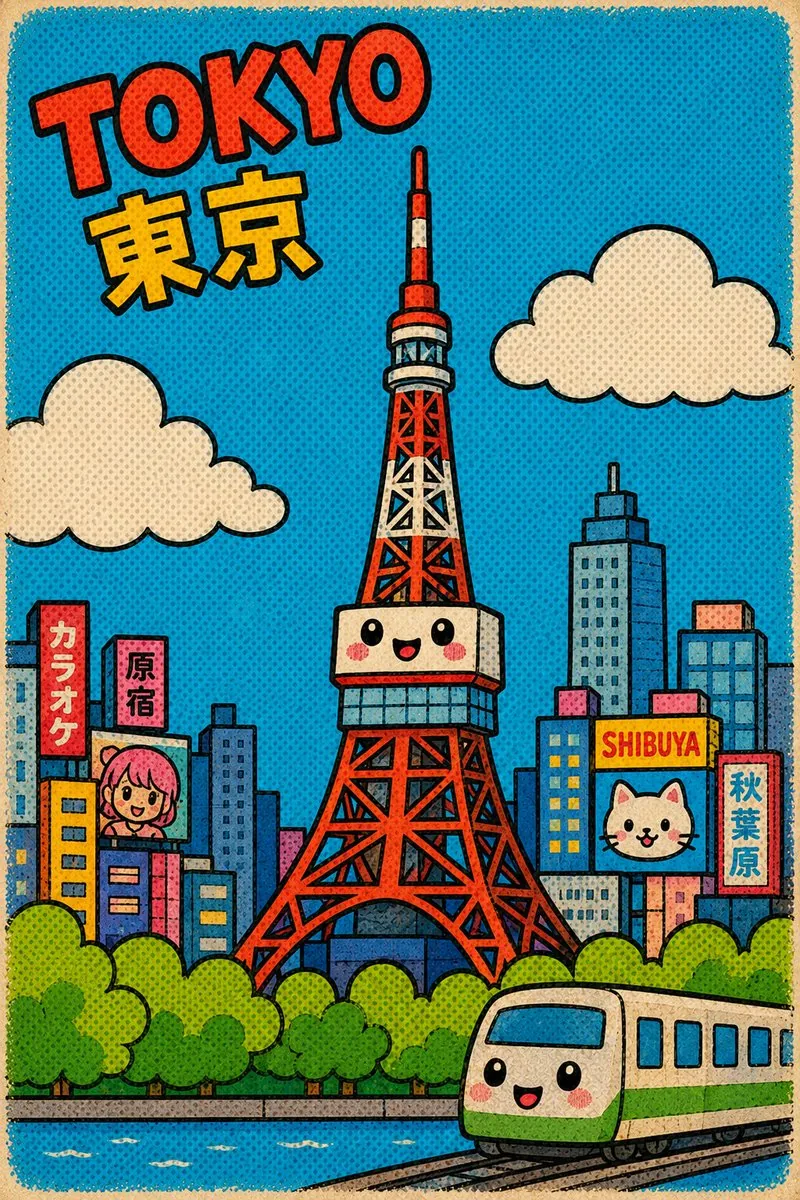 Cute Retro Tokyo Cartoon Cityscape reference