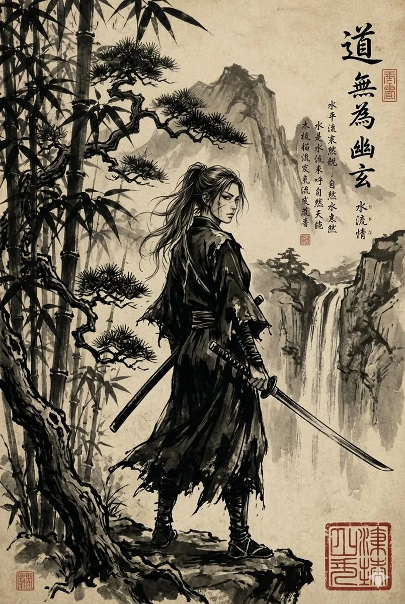 Ink-Wash Samurai Landscape reference