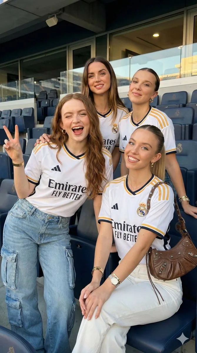 Celebrity Group Portrait in Real Madrid Jerseys - Nano Banana Pro AI Prompt for Social Media Post reference