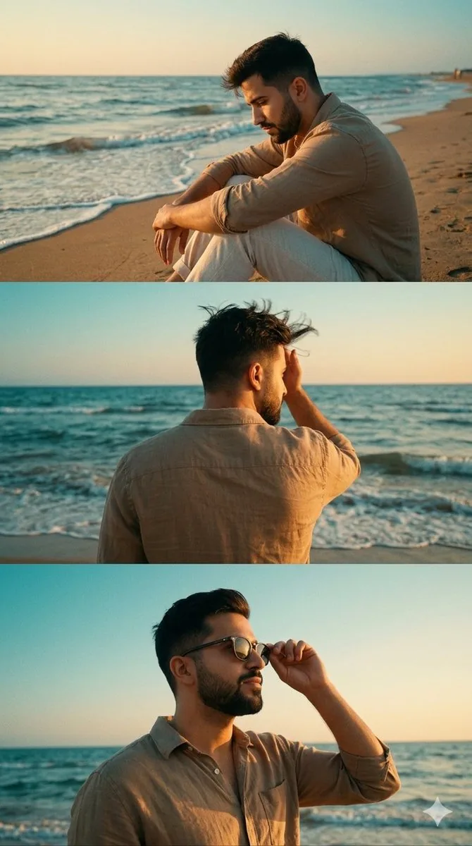 Cinematic Vertical Collage of a Stylish Man at the Beach reference