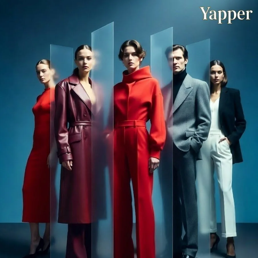 Cinematic Poster of Five Models with Vertical Panel Distortion reference