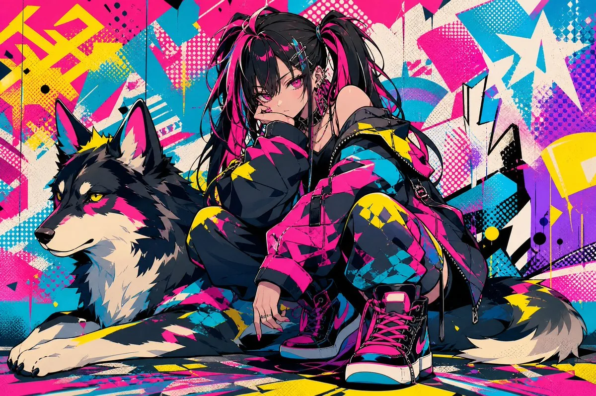 Neon Punk Girl with Husky reference