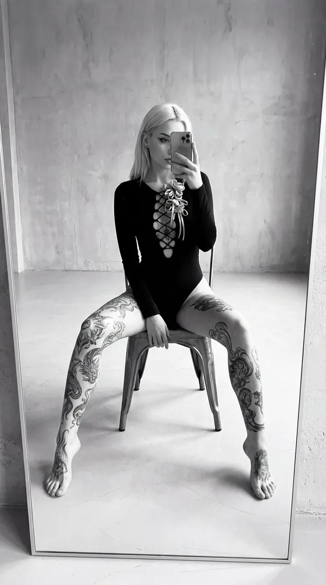 High-Contrast Black and White Tattooed Mirror Selfie - Nano Banana Pro AI Prompt for Social Media Post reference