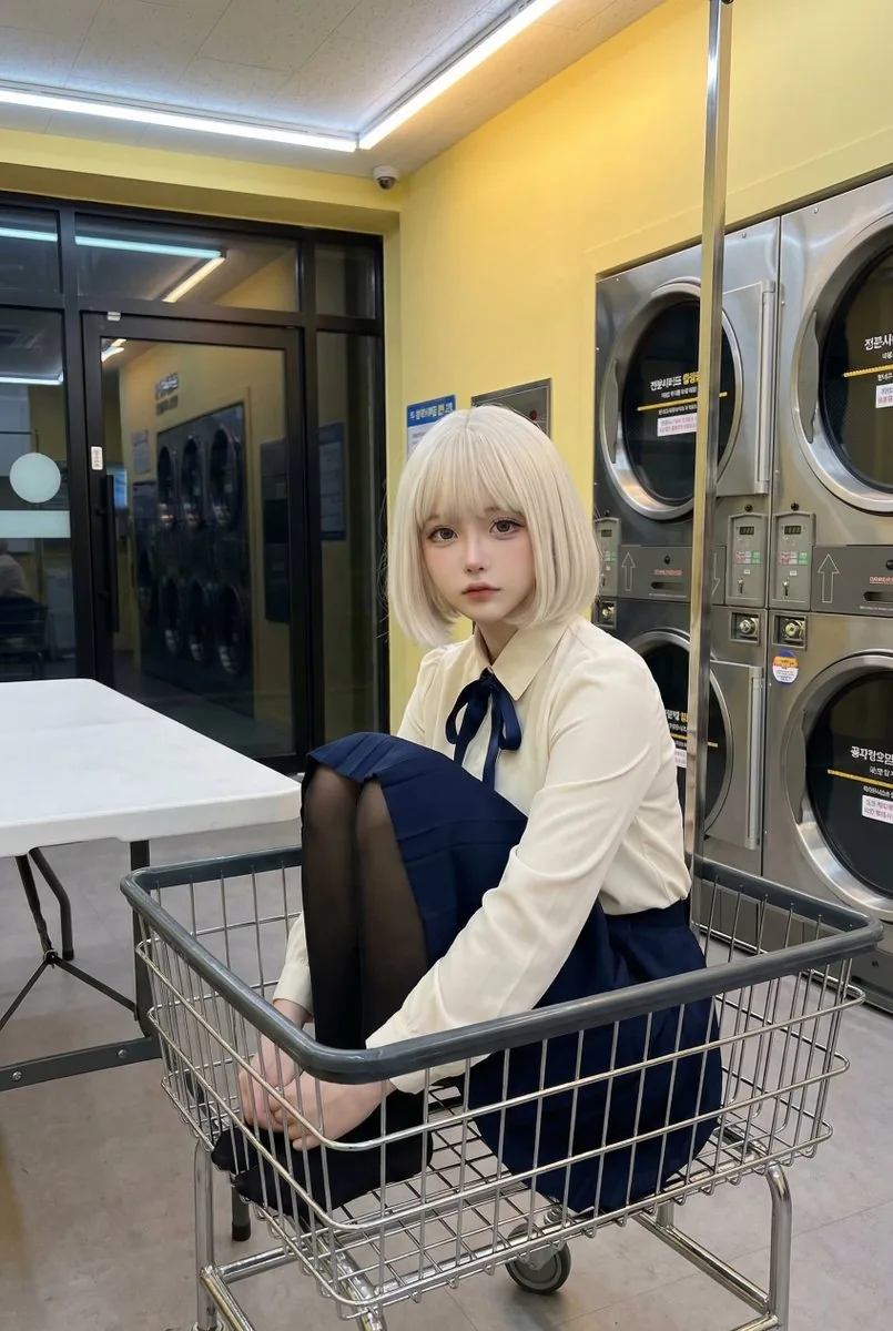Cosplay Model in Laundry Cart Portrait - Nano Banana Pro AI Prompt for Social Media Post reference