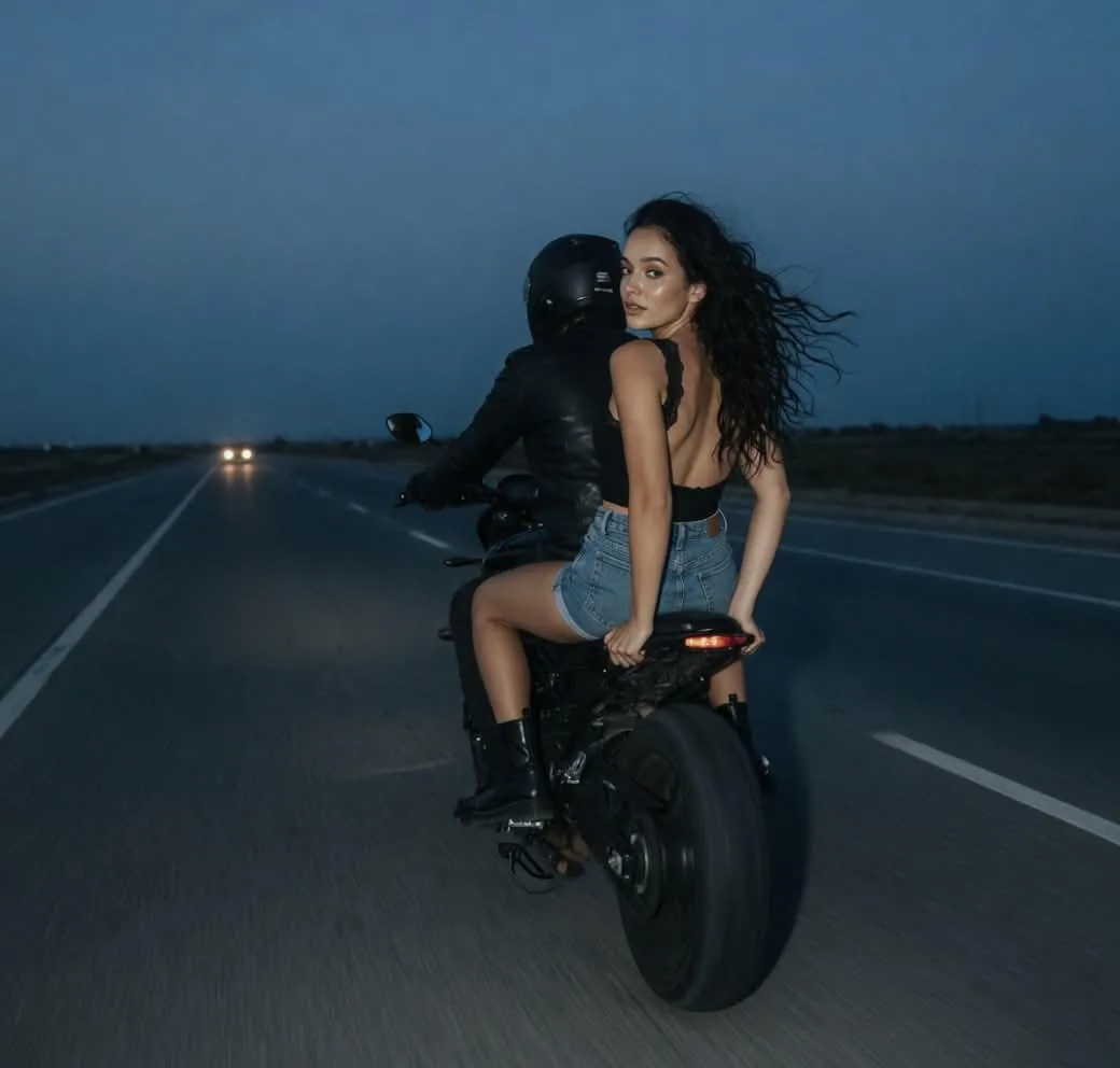 Cinematic Biker Duo Dusk Shot reference
