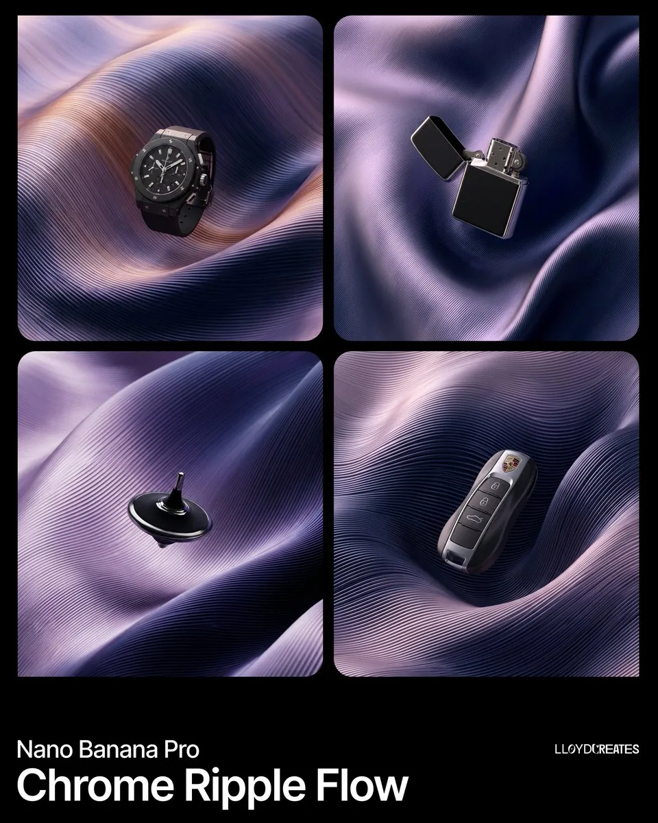 Chrome Ripple Flow Product Photography Prompt - Nano Banana Pro AI Prompt for Product Marketing reference